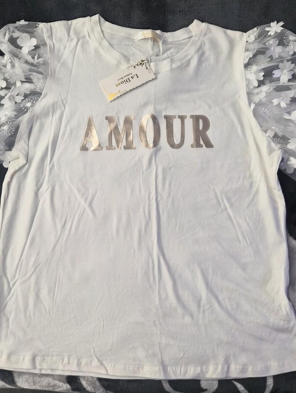 Amour White Tee with Floral Mesh Sleeves